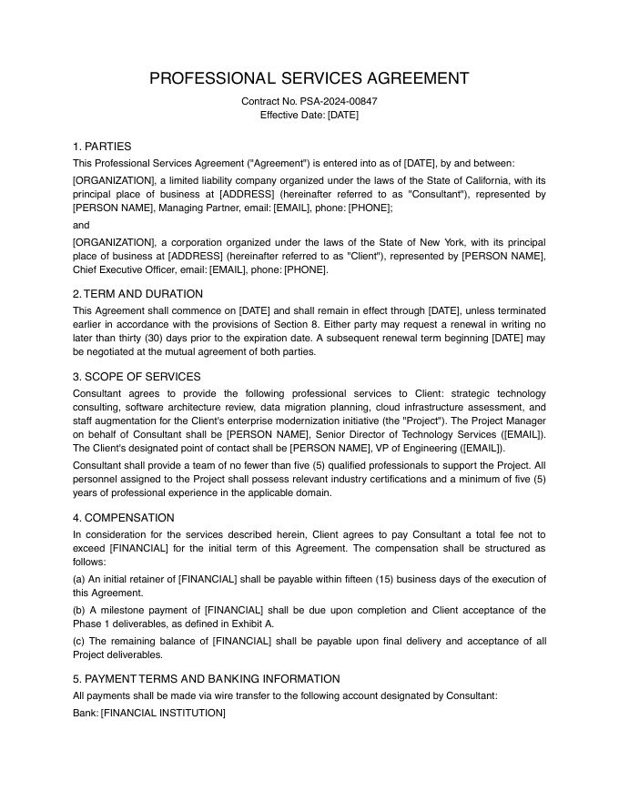 Page 1 of the sample agreement with personal data replaced by labels such as [PERSON NAME] and [EMAIL].