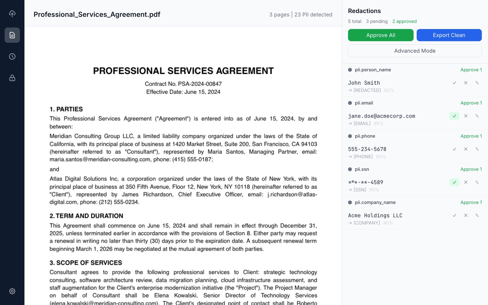 Qvault review screen: a services agreement on the left with detected personal data highlighted, and a list of redactions with approve and reject buttons on the right.