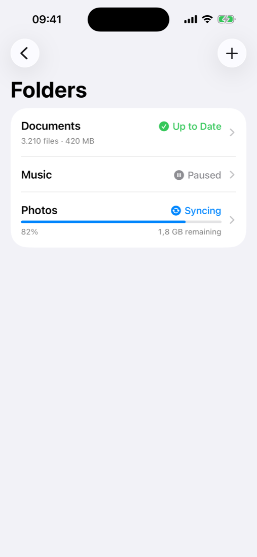 Folders list with Up to Date, Paused and Syncing folders
