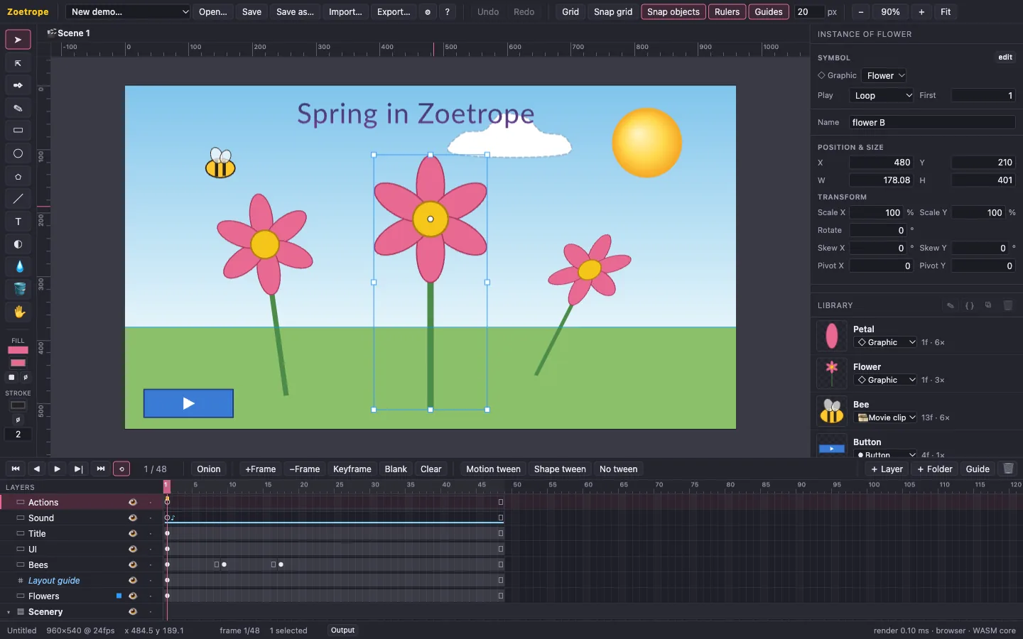The Zoetrope editor: tools on the left, the stage in the middle, properties and the library on the right, and the timeline below.