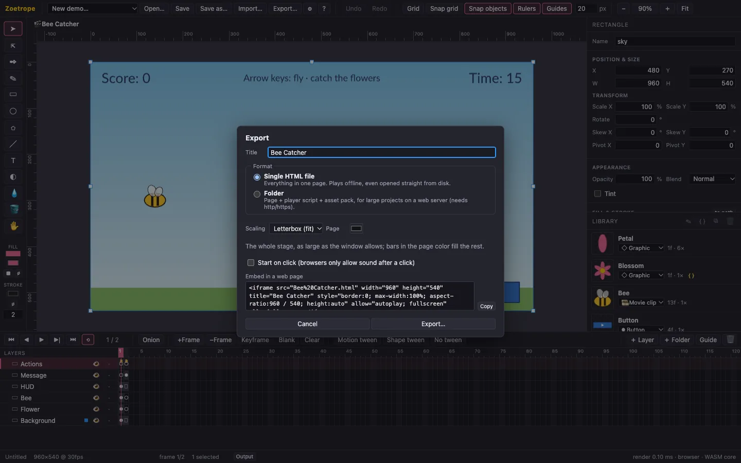 The export dialog