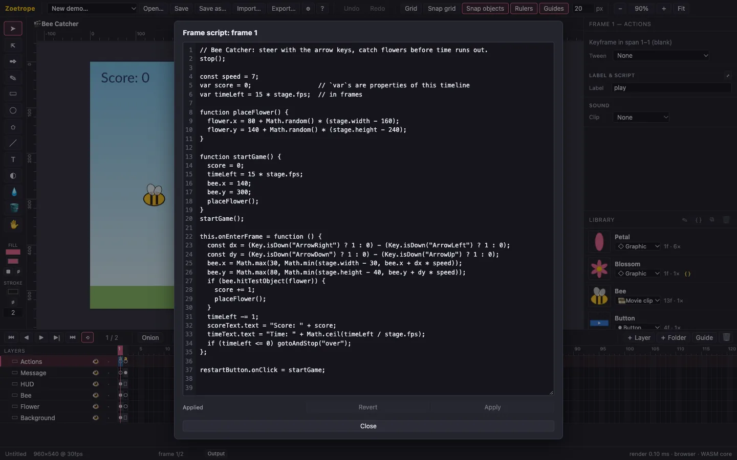 A frame script in the script editor