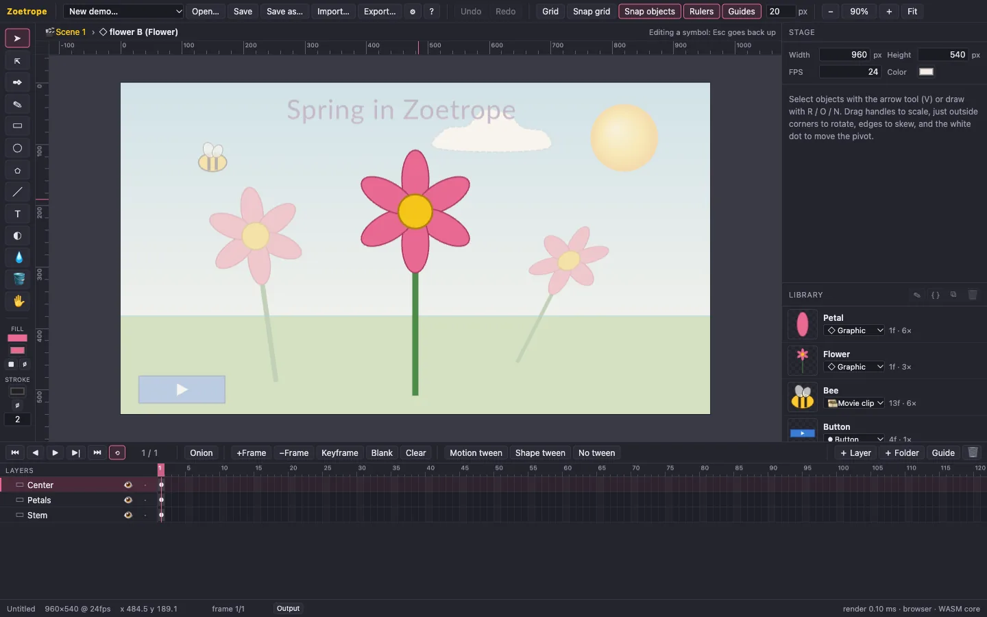 Editing a symbol in place, with the rest of the scene dimmed