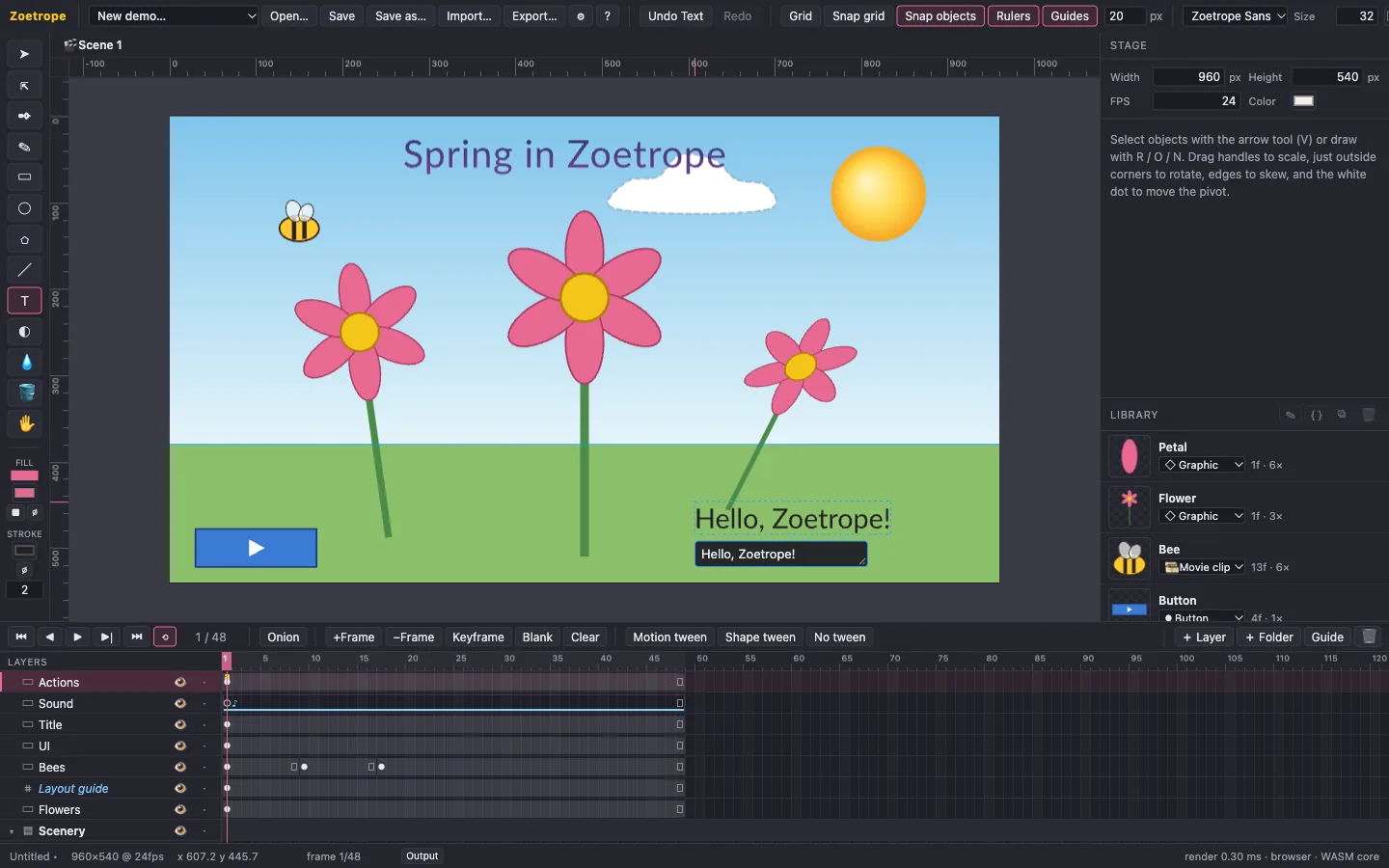 Typing text on the stage with the text tool