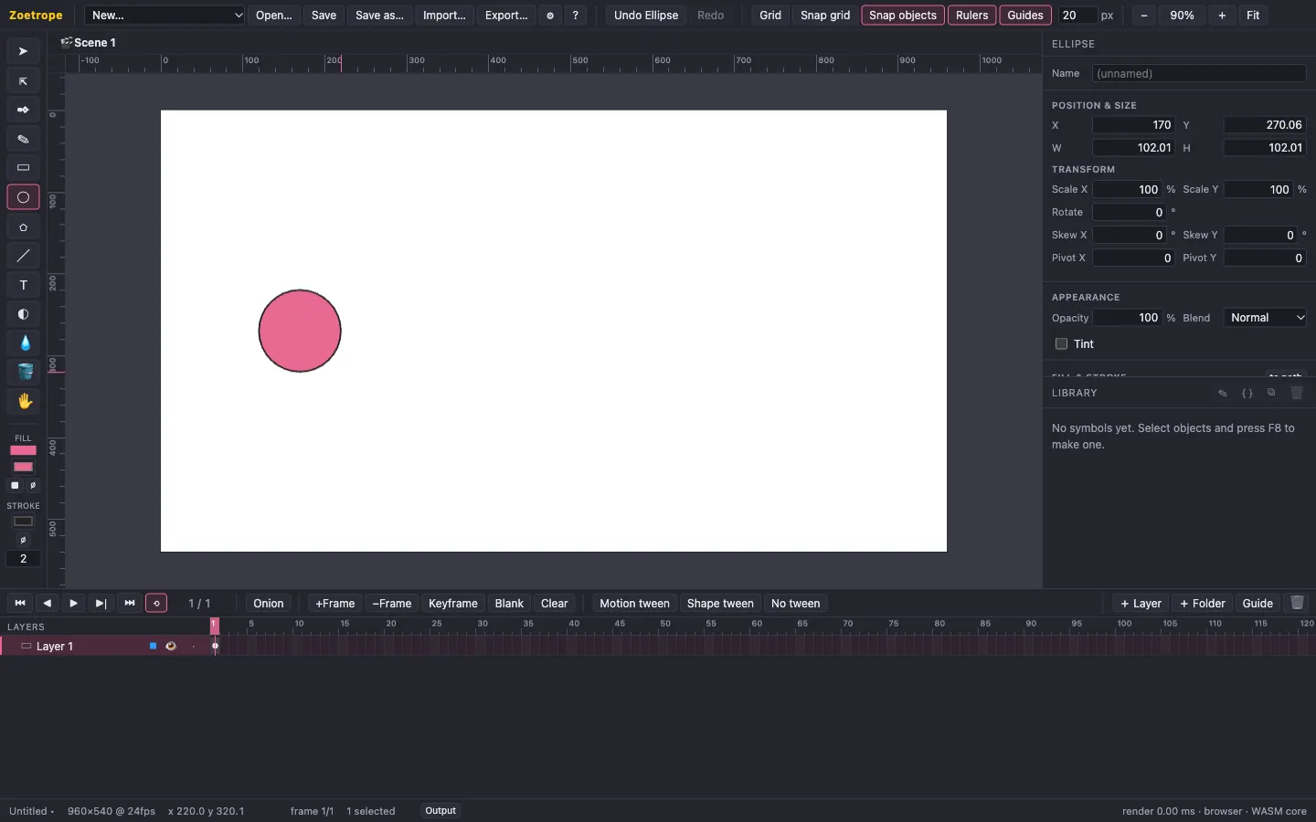 A pink circle drawn on the left of the stage