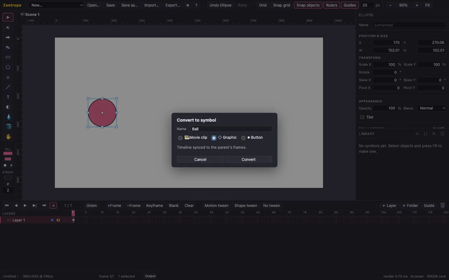 The Convert to symbol dialog with the name Ball and Graphic selected