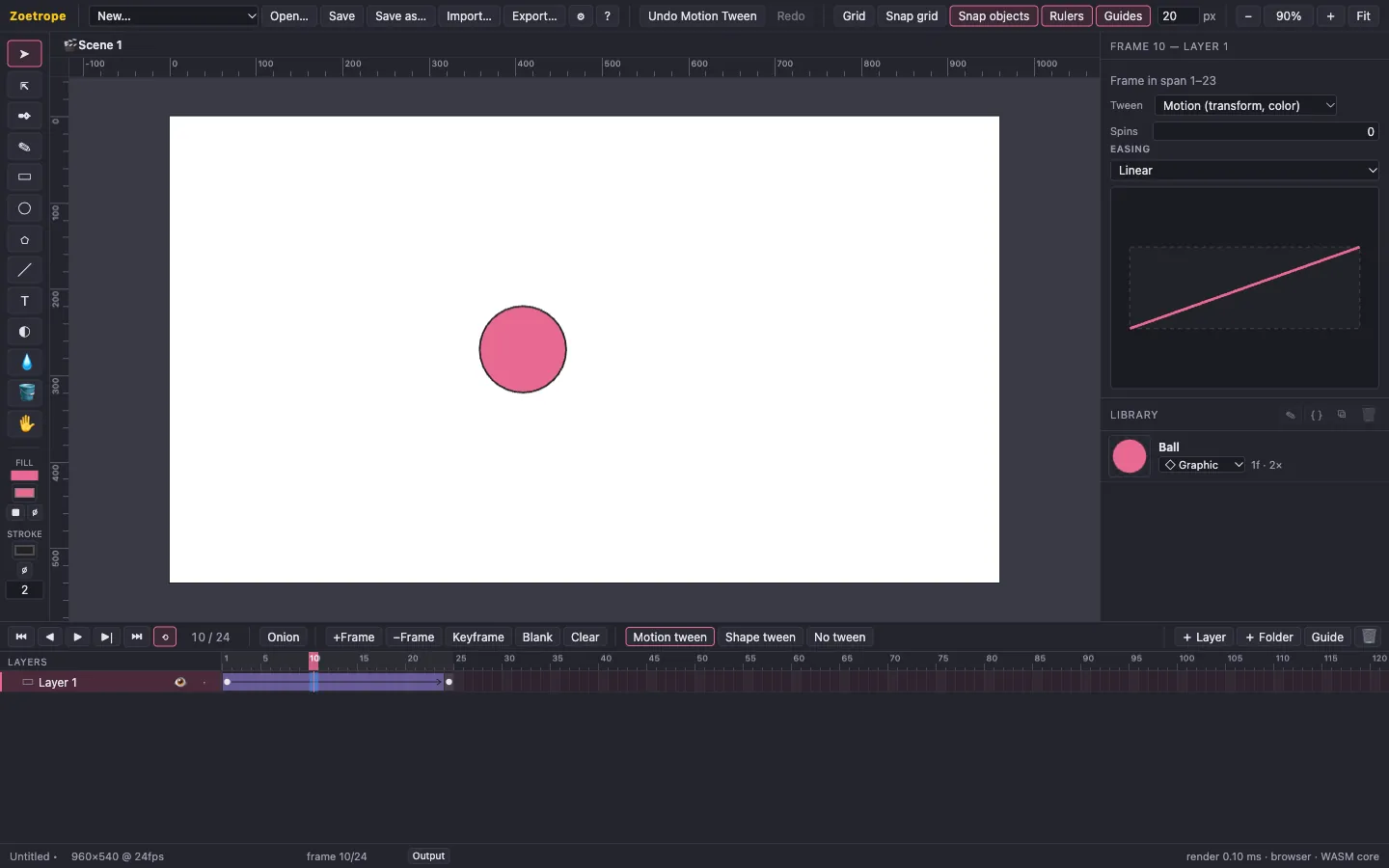 The timeline shows a purple tween span with an arrow; the ball is halfway across the stage at frame 10