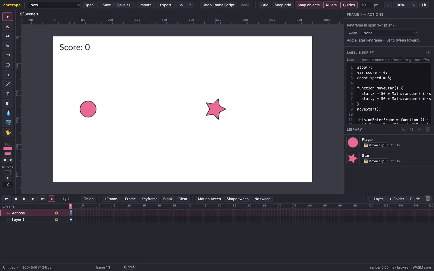 The frame script in the Properties panel, with the Actions layer selected in the timeline